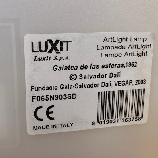 Lampada Art-Light Salvador Dalì psrticolare etichetta